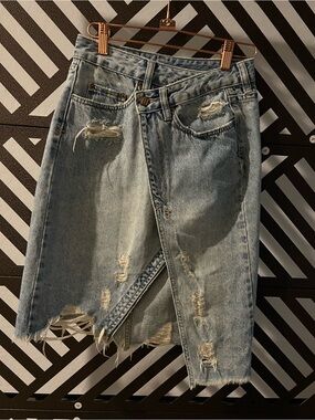 Ksubi Distressed Light Blue Denim Midi Skirt